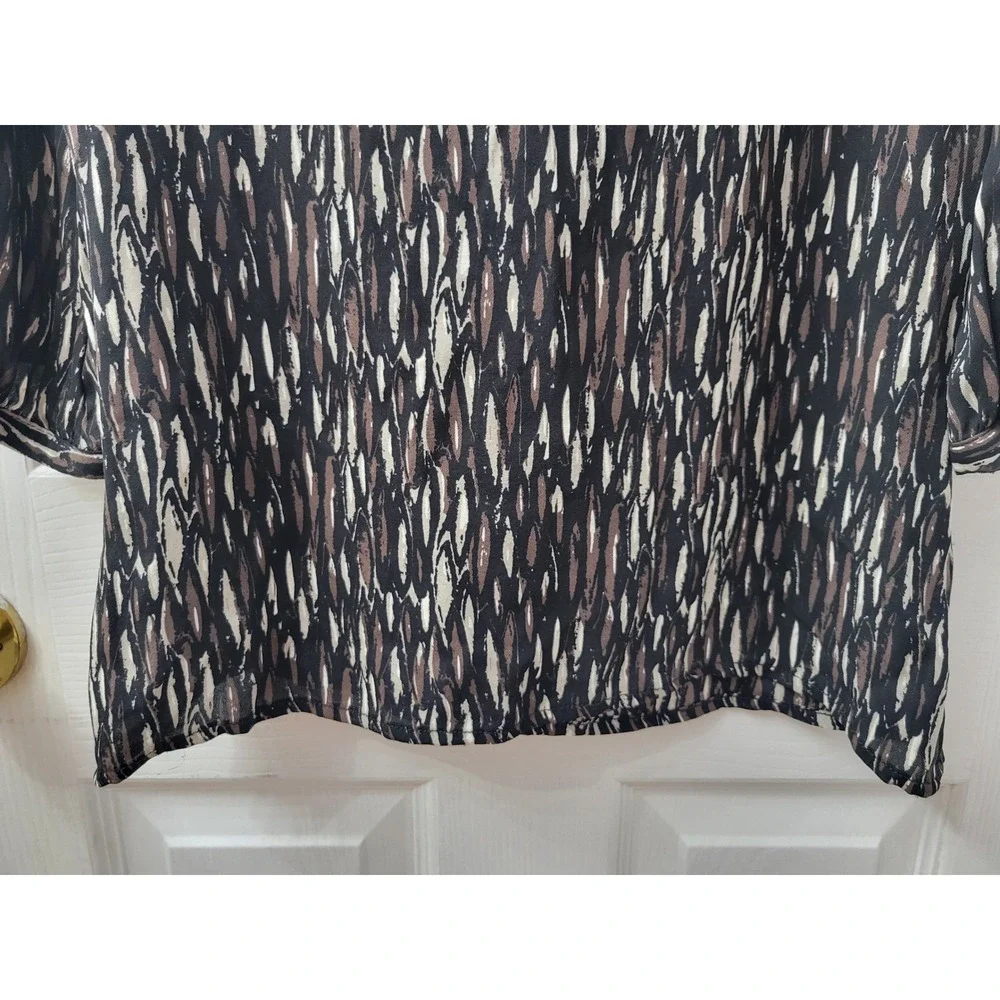 Tory Burch Silk Ruffle V-Neck Blouse 3/4 Sleeve Abstract Print Black Brown Sz 8